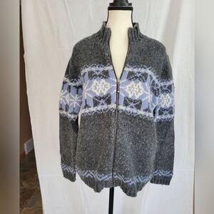 Croft & Barrow VTG grey blue icelandic ski motif zip front wool blend sweater S